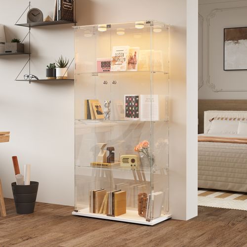 Vitrine En Verre Avec LED, Avec 2 Portes Verrouillables Et 4 Étagères, 163x78,5x35 Cm, Blanche