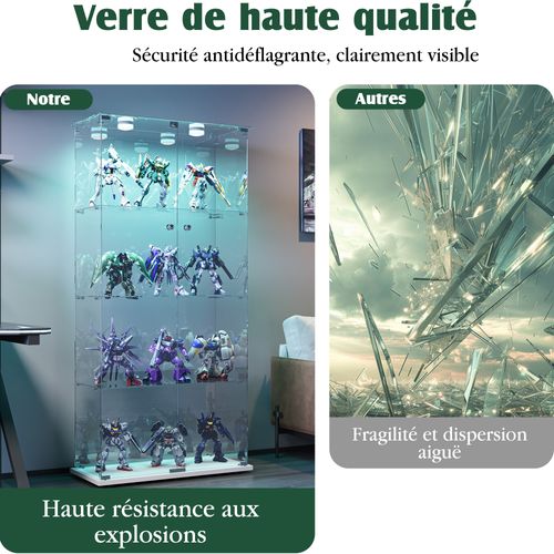 Vitrine En Verre Avec LED, Avec 2 Portes Verrouillables Et 4 Étagères, 163x78,5x35 Cm, Blanche