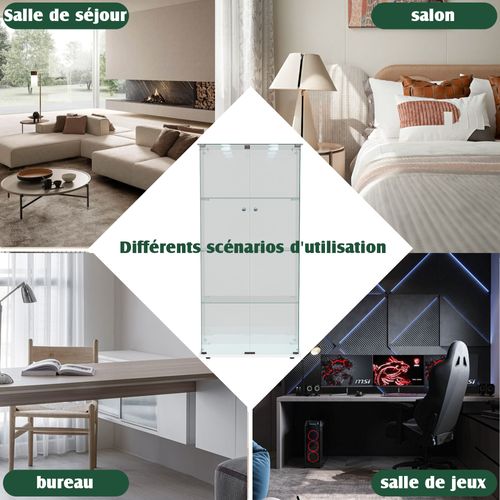 Vitrine En Verre Avec LED, Avec 2 Portes Verrouillables Et 4 Étagères, 163x78,5x35 Cm, Blanche