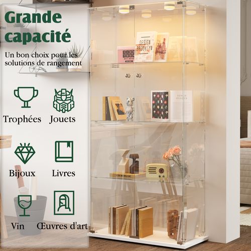 Vitrine En Verre Avec LED, Avec 2 Portes Verrouillables Et 4 Étagères, 163x78,5x35 Cm, Blanche