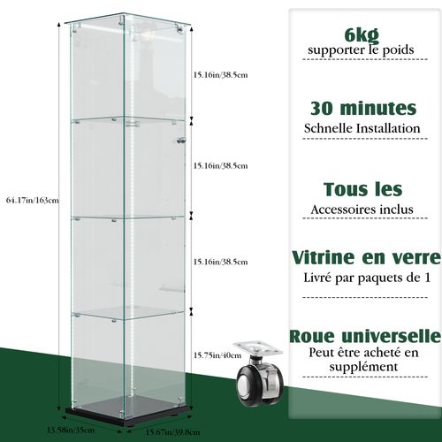 Vitrine LED En Verre Avec 4 Étagères En Verre, 1 Porte Et Serrure, 39,8 X 35 X 163 Cm, Noir