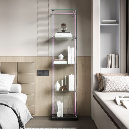 Vitrine LED En Verre Avec 4 Étagères En Verre, 1 Porte Et Serrure, 39,8 X 35 X 163 Cm, Noir