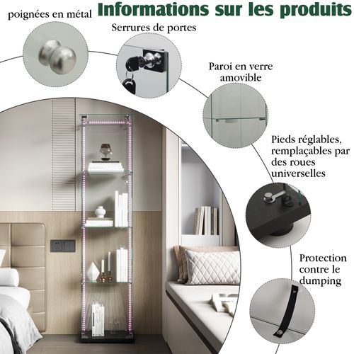 Vitrine LED En Verre Avec 4 Étagères En Verre, 1 Porte Et Serrure, 39,8 X 35 X 163 Cm, Noir