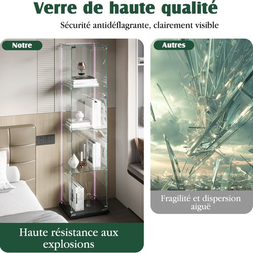Vitrine LED En Verre Avec 4 Étagères En Verre, 1 Porte Et Serrure, 39,8 X 35 X 163 Cm, Noir
