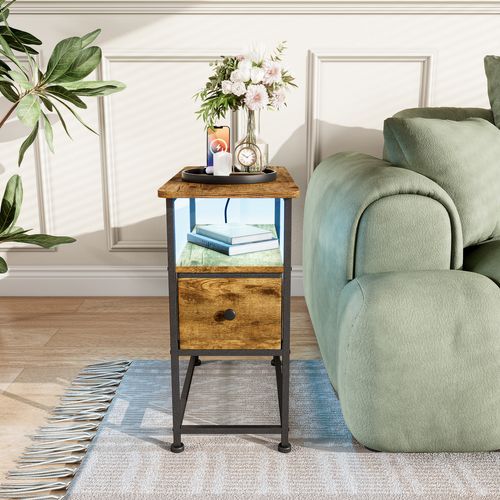 Table D'appoint Avec Station De Recharge Intégrée Et Un Tiroir,idéale Pour Les Petits Espaces,marron