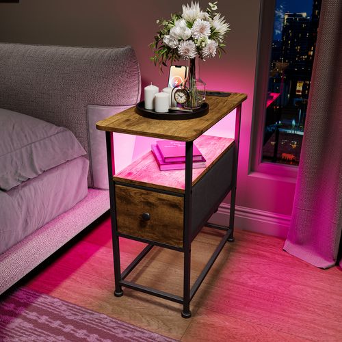 Table D'appoint Avec Station De Recharge Intégrée Et Un Tiroir,idéale Pour Les Petits Espaces,marron