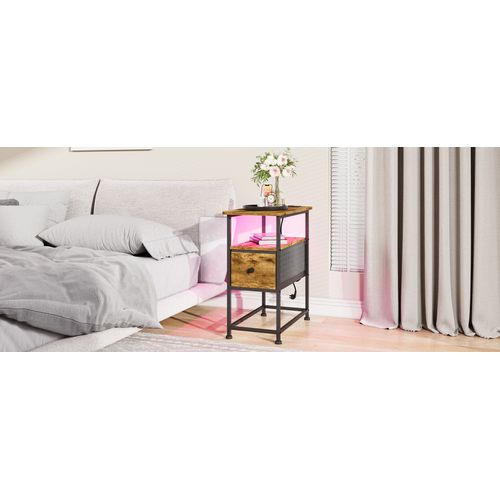 Table D'appoint Avec Station De Recharge Intégrée Et Un Tiroir,idéale Pour Les Petits Espaces,marron