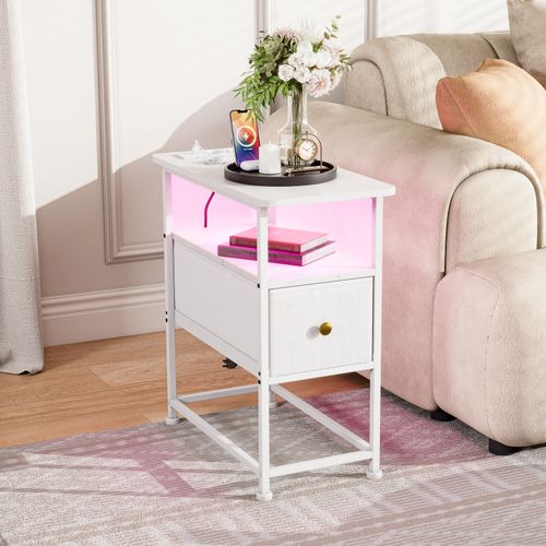 Table D'appoint Avec Station De Recharge Intégrée Et Un Tiroir,idéale Pour Les Petits Espaces,blanc