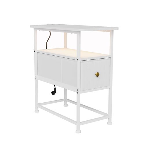 Table D'appoint Avec Station De Recharge Intégrée Et Un Tiroir,idéale Pour Les Petits Espaces,blanc