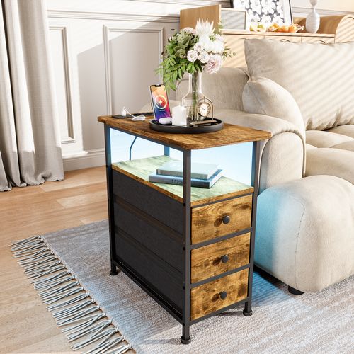 Table D'appoint Avec Station De Recharge Intégrée Et 3 Tiroirs,idéale Pour Les Petits Espaces,marron
