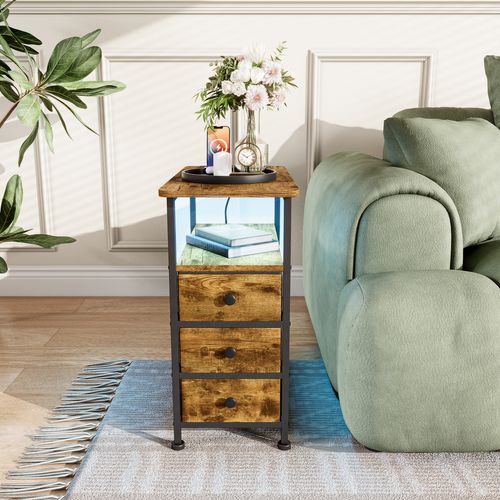 Table D'appoint Avec Station De Recharge Intégrée Et 3 Tiroirs,idéale Pour Les Petits Espaces,marron