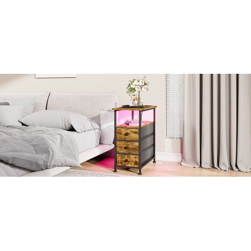 Table D'appoint Avec Station De Recharge Intégrée Et 3 Tiroirs,idéale Pour Les Petits Espaces,marron