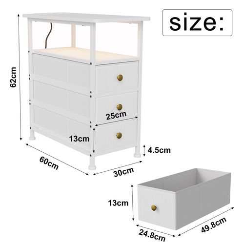 Table D'appoint Avec Station De Recharge Intégrée Et 3 Tiroirs,idéale Pour Les Petits Espaces,blanc