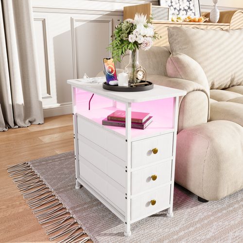 Table D'appoint Avec Station De Recharge Intégrée Et 3 Tiroirs,idéale Pour Les Petits Espaces,blanc