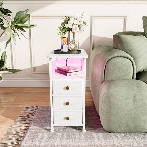 Table D'appoint Avec Station De Recharge Intégrée Et 3 Tiroirs,idéale Pour Les Petits Espaces,blanc