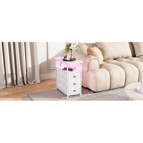 Table D'appoint Avec Station De Recharge Intégrée Et 3 Tiroirs,idéale Pour Les Petits Espaces,blanc