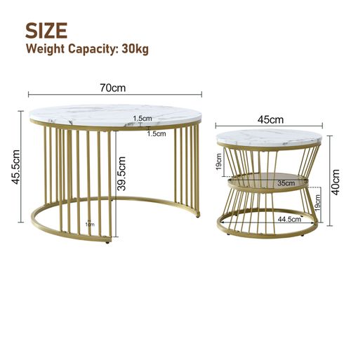 Ensemble De Deux Tables Basses Rondes - Table D'appoint Moderne - Structure En Métal - Or Et Blanc
