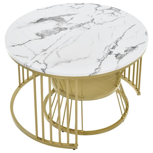 Ensemble De Deux Tables Basses Rondes - Table D'appoint Moderne - Structure En Métal - Or Et Blanc