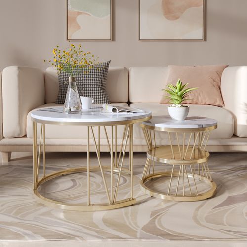 Ensemble De Deux Tables D'appoint Gigognes, Style Moderne, Structure En Métal, Empilables, Dorées