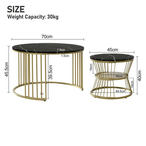 Ensemble De Deux Tables Basses Rondes - Table D'appoint Moderne - Structure En Métal - Or Et Noir