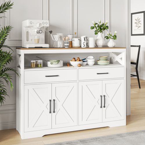 Buffet Haut Cuisine Blishom 180×73×40 Cm – Portes Verre, Tiroir, Étagères Réglables, Trou Câbles – Sideboard Moderne