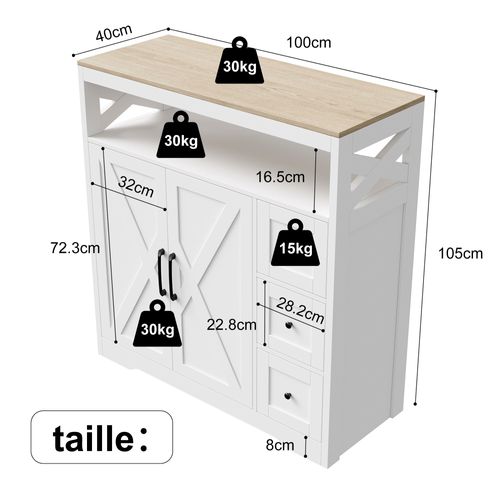 Buffet De Cuisine - Avec 3 Tiroirs, 2 Portes Et Étagères Réglables, Blanc, 100 X 40 X 105 Cm