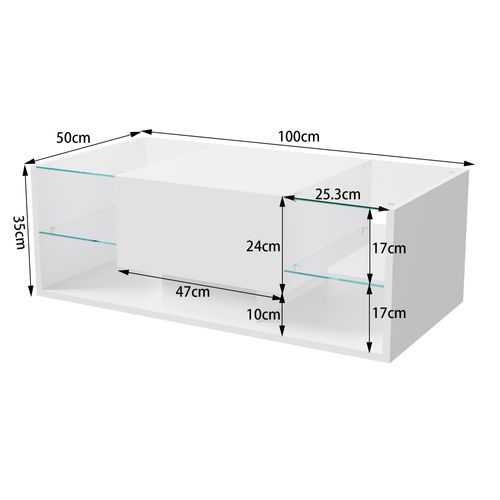 Table Basse Blanche Avec Éclairage LED, Espace De Rangement Et Étagères Ouvertes, 100 X 50 X 35 Cm.