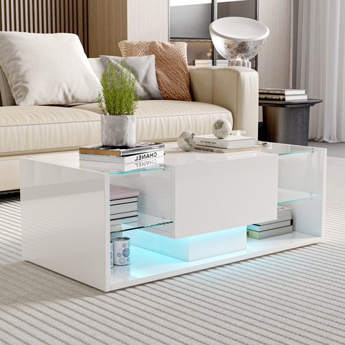 Table Basse Blanche Avec Éclairage LED, Espace De Rangement Et Étagères Ouvertes, 100 X 50 X 35 Cm.