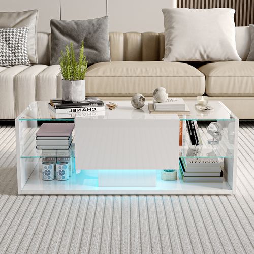 Table Basse Blanche Avec Éclairage LED, Espace De Rangement Et Étagères Ouvertes, 100 X 50 X 35 Cm.