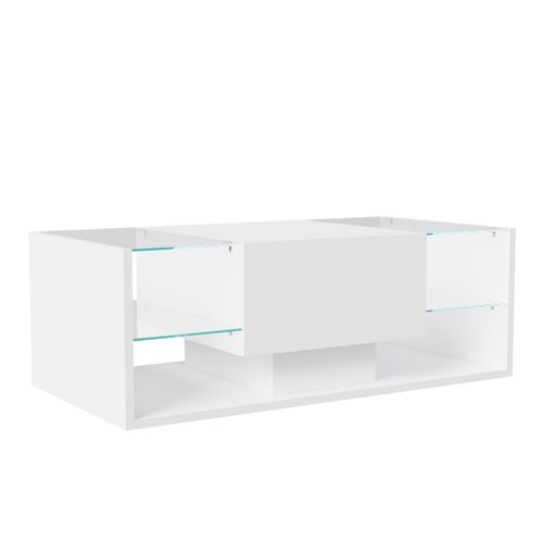 Table Basse Blanche Avec Éclairage LED, Espace De Rangement Et Étagères Ouvertes, 100 X 50 X 35 Cm.