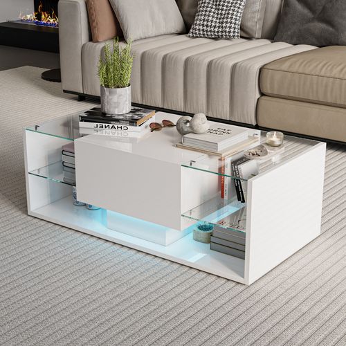 Table Basse Blanche Avec Éclairage LED, Espace De Rangement Et Étagères Ouvertes, 100 X 50 X 35 Cm.