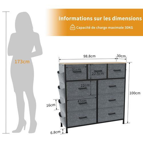 Commode à Neuf Tiroirs - Convient Pour Le Salon, La Chambre Ou Le Couloir - Grise - 99 X 30 X 100 Cm