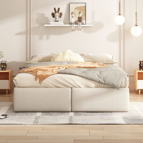 Lit Capitonné 140 X 200 Cm, Plate-forme Avec 2 Tiroir, Sans Tête De Lit, Beige