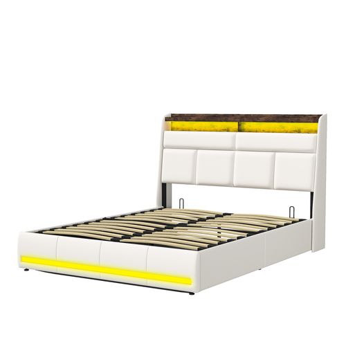 Lit Coffre 160x200 Avec Sommier Et USB, LED, Cadre De Lit Avec Rangement Et Tete De Lit, Blanc