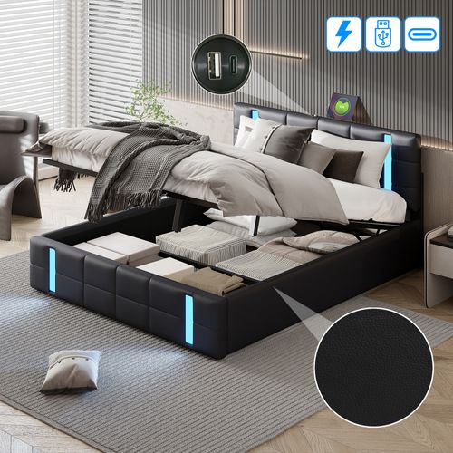 Lit Coffre 160x200 Cm Avec USB Et Type-c,led,lit Capitonné Avec Rangement,hydraulique Lit, Pu