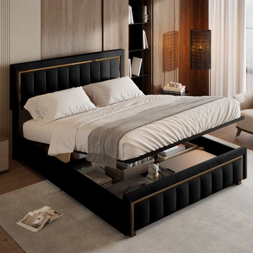 Lit 140x200 Cm, Lit Coffre Avec Rangement, Cadre De Lit Avec Tête De Lit, Velours, Noir