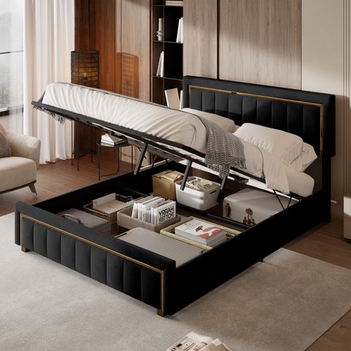 Lit 140x200 Cm, Lit Coffre Avec Rangement, Cadre De Lit Avec Tête De Lit, Velours, Noir