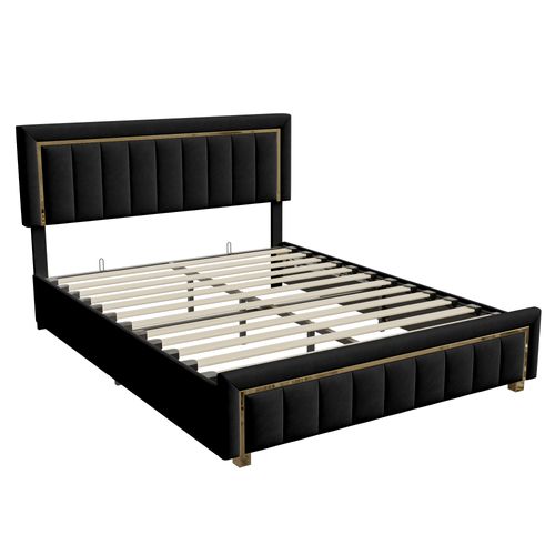 Lit 140x200 Cm, Lit Coffre Avec Rangement, Cadre De Lit Avec Tête De Lit, Velours, Noir