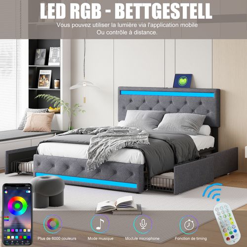 Lit Rembourré 180x200 Cm, LED, 4 Tiroirs, USB, Coffre En Lin, Sommier Bois -gris