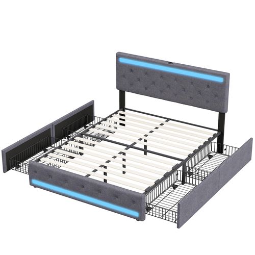 Lit Rembourré 180x200 Cm, LED, 4 Tiroirs, USB, Coffre En Lin, Sommier Bois -gris