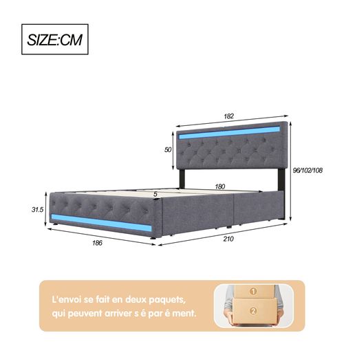 Lit Rembourré 180x200 Cm, LED, 4 Tiroirs, USB, Coffre En Lin, Sommier Bois -gris
