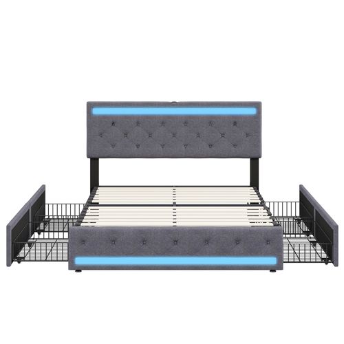 Lit Rembourré 180x200 Cm, LED, 4 Tiroirs, USB, Coffre En Lin, Sommier Bois -gris