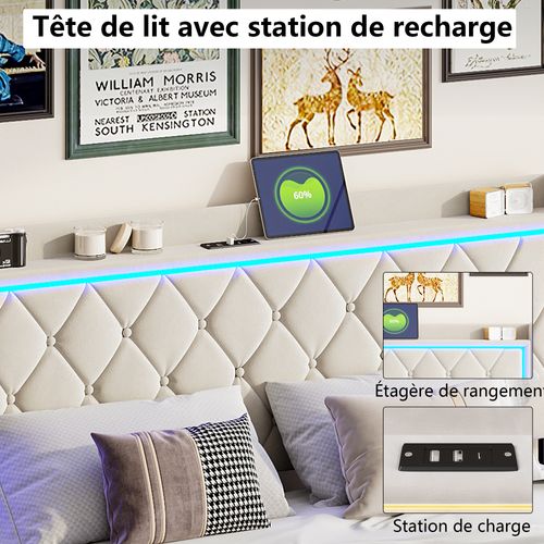 Lit Coffre 140x200 Cm, Lit Capitonné Avec Rangement Et USB De Type C, LED, Velours, Beige