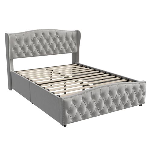 Lit Coffre 160x200 Cm, Cadre De Lit Avec Tête De Lit Et Sommier à Lattes, Velours, Gris