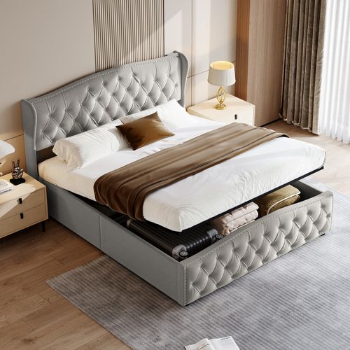 Lit Coffre 160x200 Cm, Cadre De Lit Avec Tête De Lit Et Sommier à Lattes, Velours, Gris