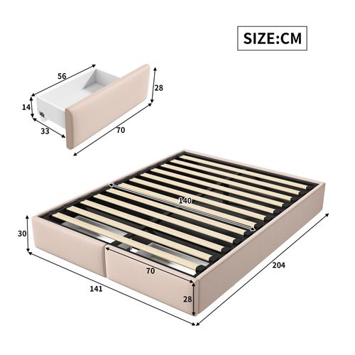 Lit Plateforme 140 X 200 Cm, Lit Double, Avec Stockage Et 2 Tiroirs, Avec Sommier à Lattes,  Beige