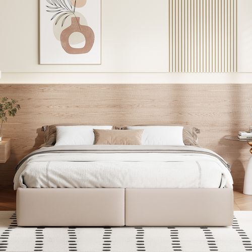 Lit Plateforme 140 X 200 Cm, Lit Double, Avec Stockage Et 2 Tiroirs, Avec Sommier à Lattes,  Beige