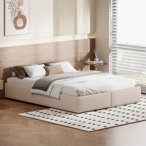 Lit Plateforme 140 X 200 Cm, Lit Double, Avec Stockage Et 2 Tiroirs, Avec Sommier à Lattes,  Beige