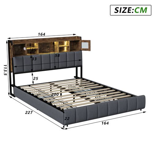 Lit Capitonné, 160 X 200 Cm, Avec Éclairage LED Et Chargement USB, Espace De Rangement, Lin, Noir