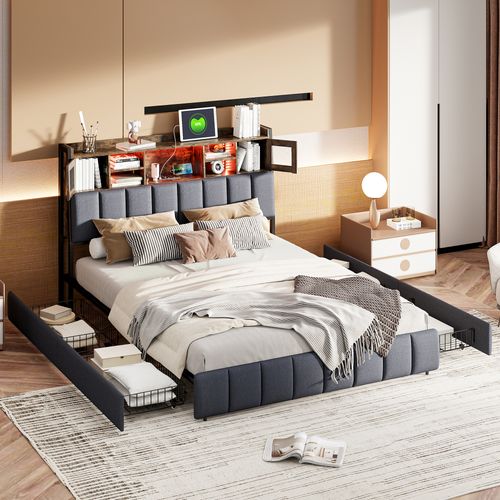 Lit Capitonné, 160 X 200 Cm, Avec Éclairage LED Et Chargement USB, Espace De Rangement, Lin, Noir